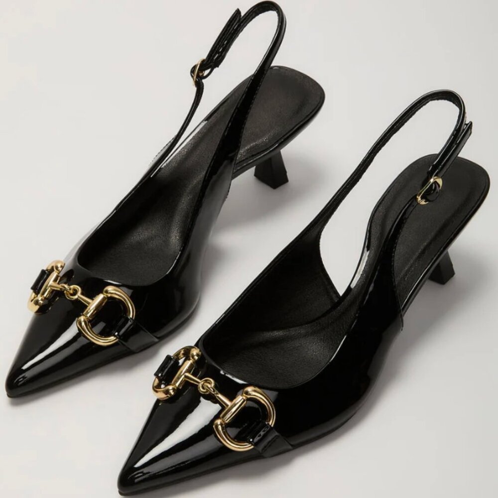 Vici Black Slingback Heels with Gold Accents